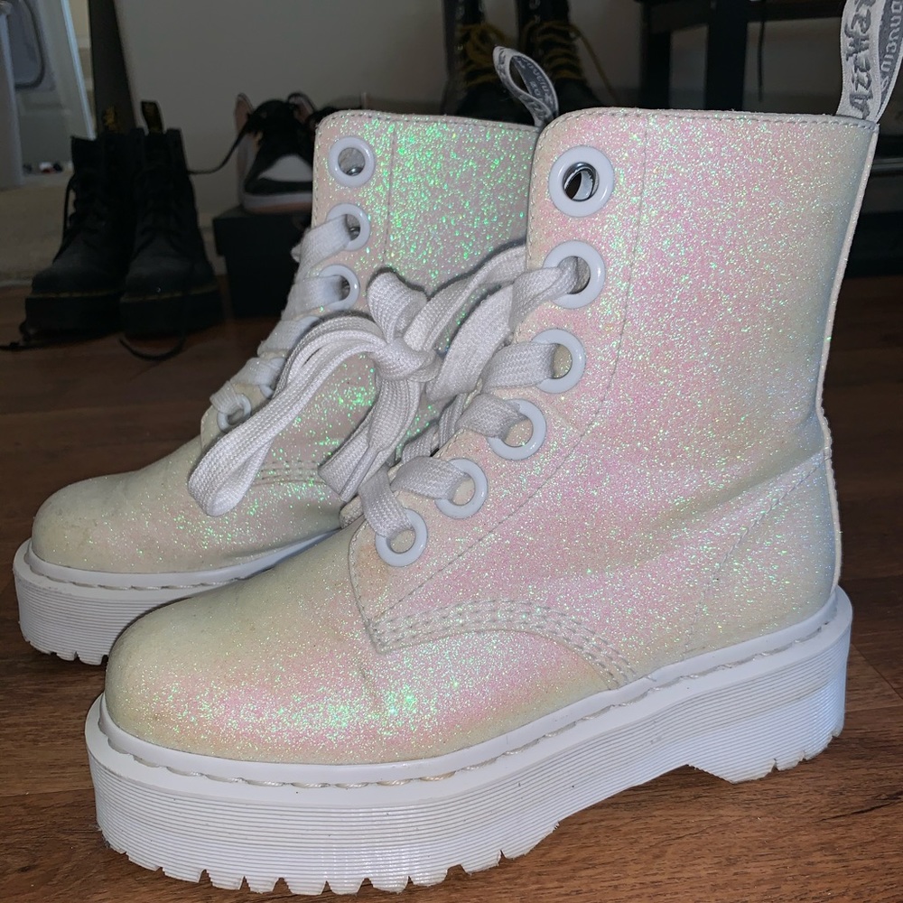 white dr martens molly fine glitter platform boots